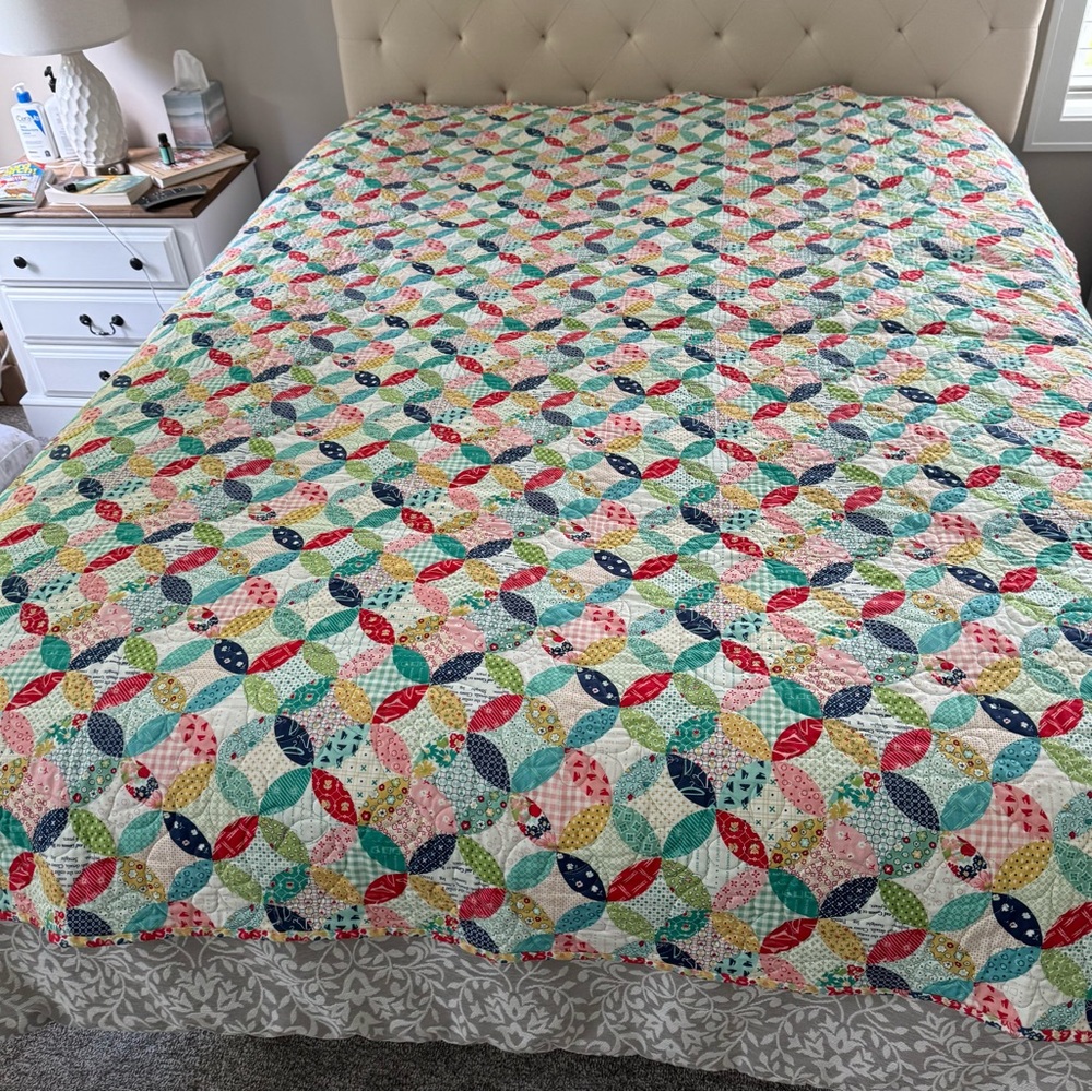 Homemade Aqua Blue Quilted Folk Art Quilt with Geometric Patterns - Picture 10 of 10